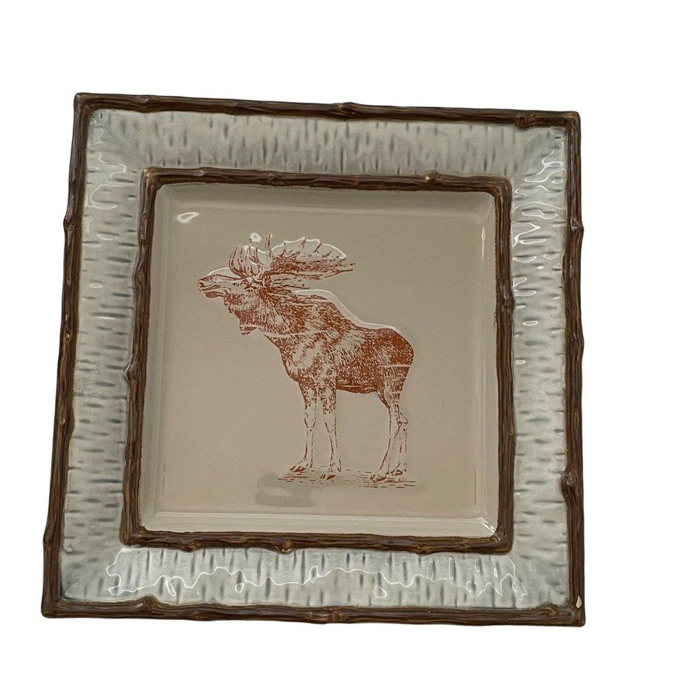 Homestudio Lake Cabin Dinner Plate Square Moose Rustic Embossed Stoneware‎ 11"